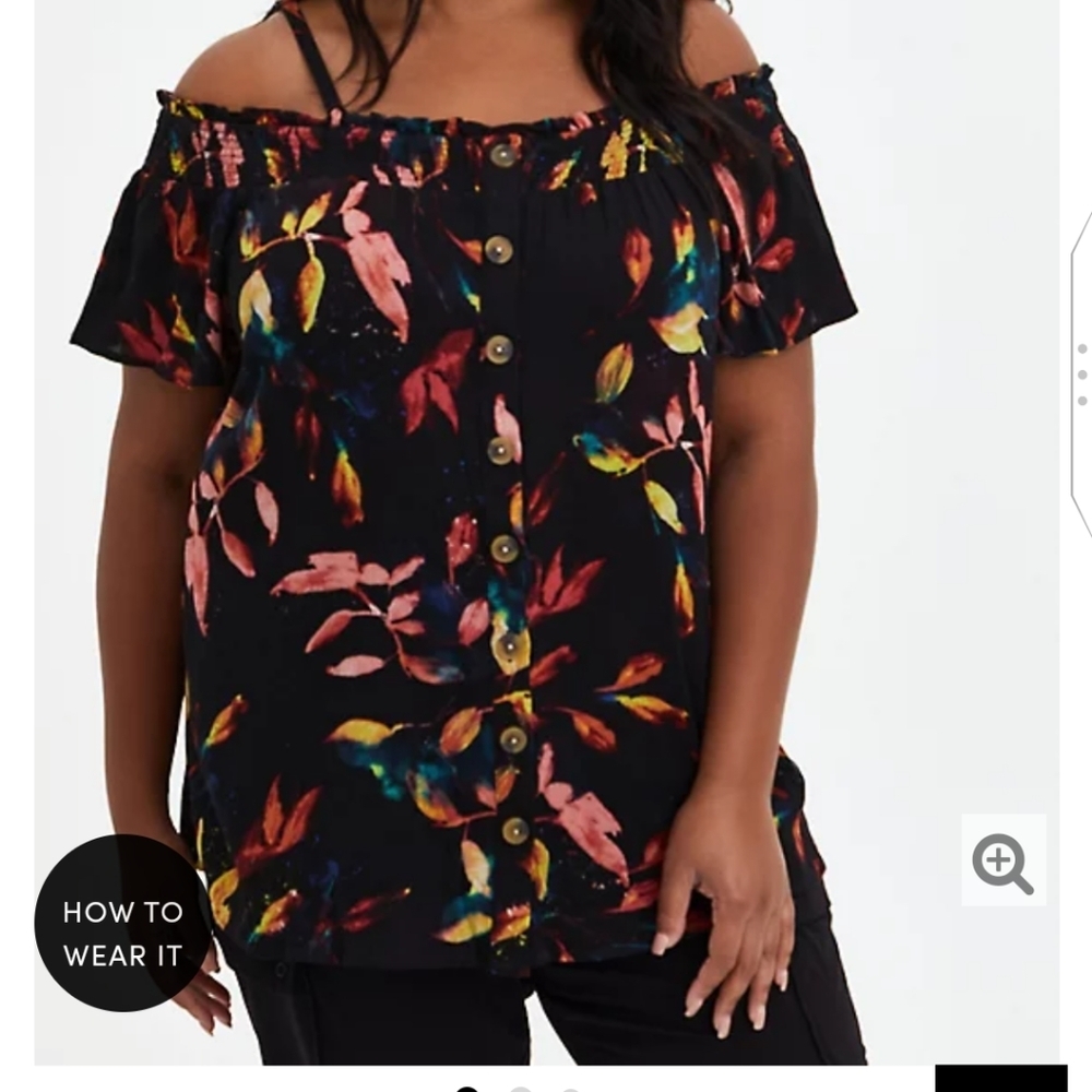 🆕 3X LEAF PATTERNED COLD-SHOULDER GAUZE BLOUSE